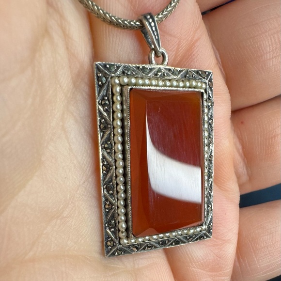 ANTIQUE GERMAN STERLING CARNELIAN EMERLD CUT PENDANT & UNIQUE 18” CHAIN ~13.29g - Picture 3 of 13